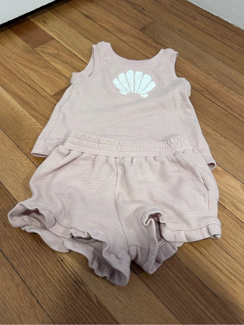 cloud island Light Pink Waffle Knit Shell Tank & Ruffle Shorts Set